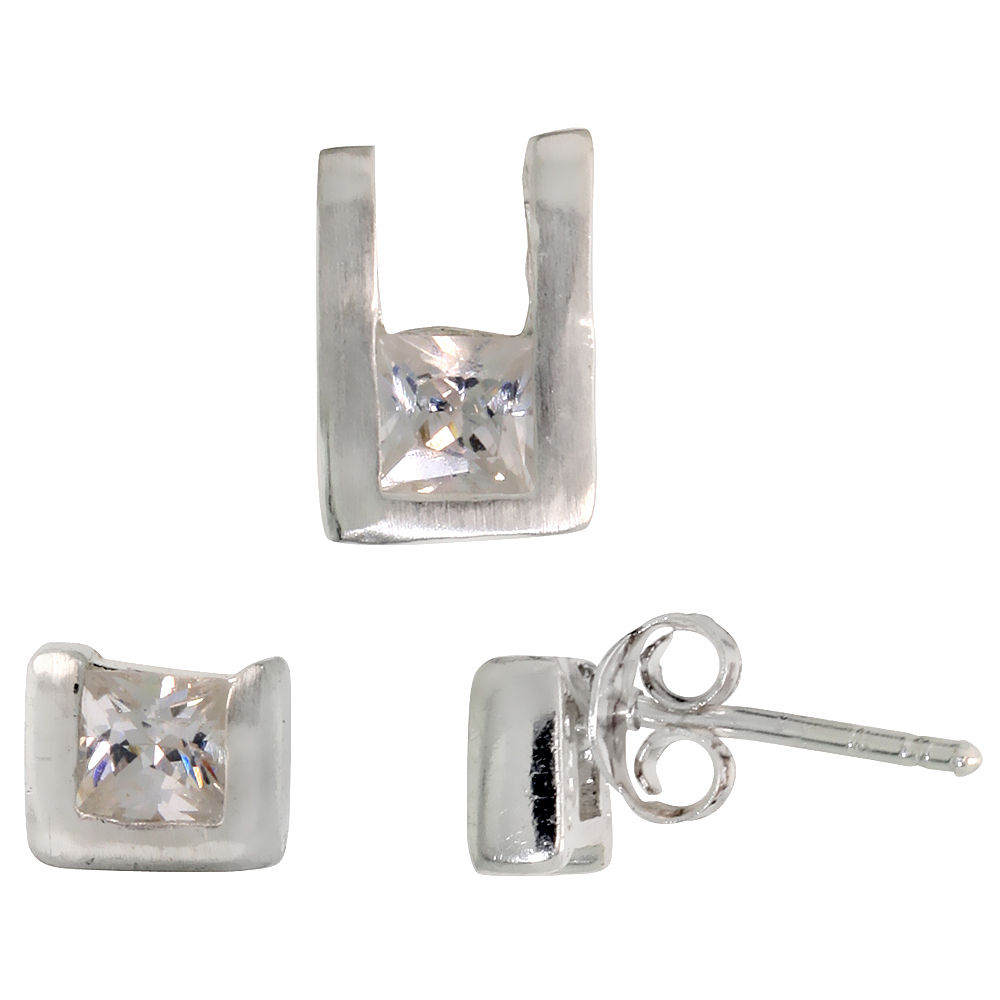 STERLING SILVER PRINCESS CUT WHITE CZ U SHAPE STUD EARRINGS & PENDANT SET FOR WOMEN BRUSHED FINISH