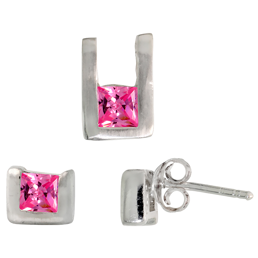 STERLING SILVER PRINCESS CUT PINK CZ U SHAPE STUD EARRINGS & PENDANT SET FOR WOMEN BRUSHED FINISH