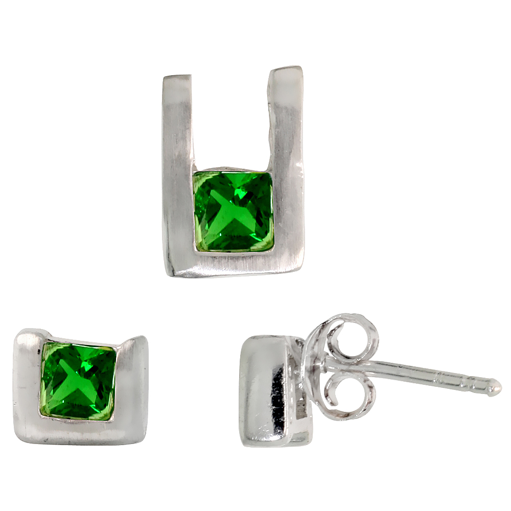 STERLING SILVER PRINCESS CUT EMERALD GREEN CZ U SHAPE STUD EARRINGS & PENDANT SET BRUSHED FINISH