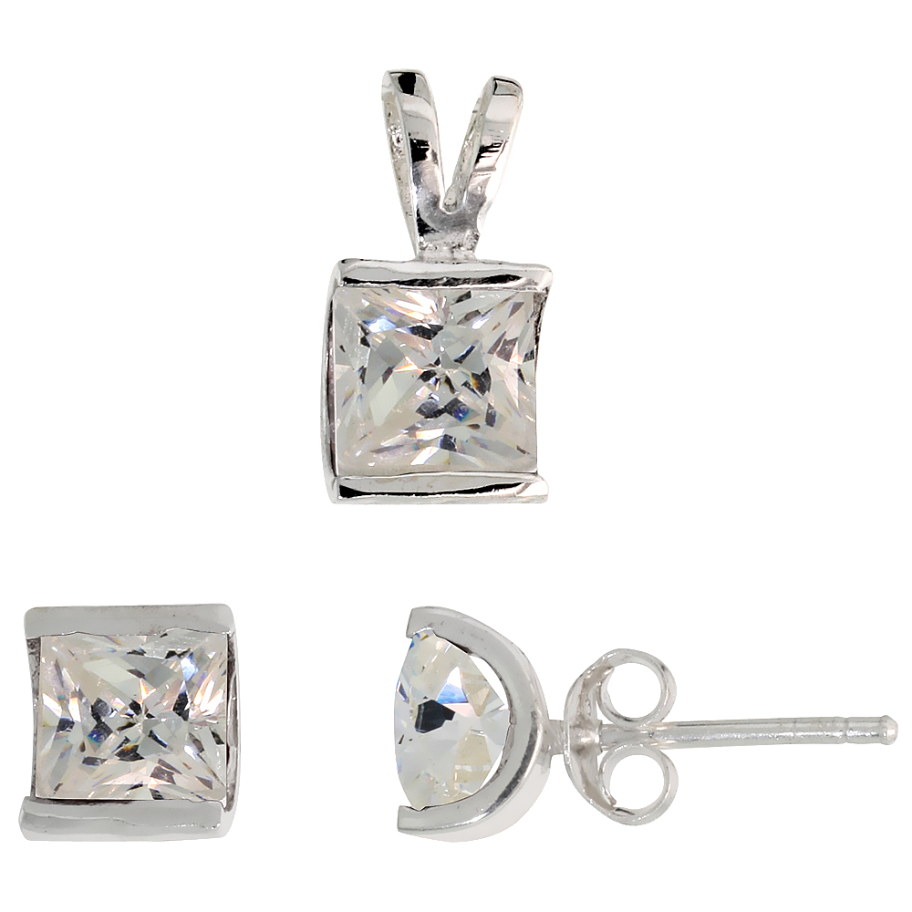 STERLING SILVER PRINCESS CUT WHITE CZ SQUARE STUD EARRINGS AND PENDANT SET FOR WOMEN CHANNEL SET FOR WOMEN