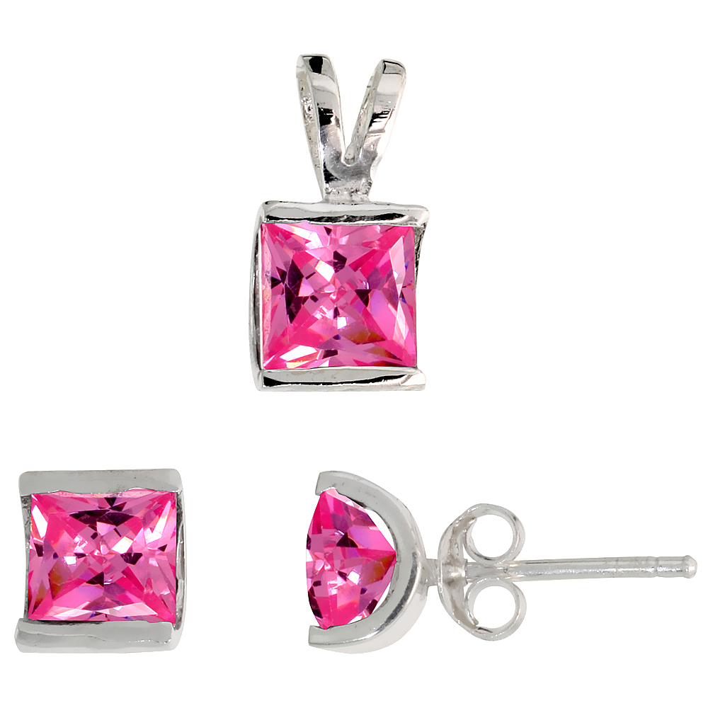 STERLING SILVER PRINCESS CUT PINK CZ SQUARE STUD EARRINGS AND PENDANT SET FOR WOMEN CHANNEL SET FOR WOMEN