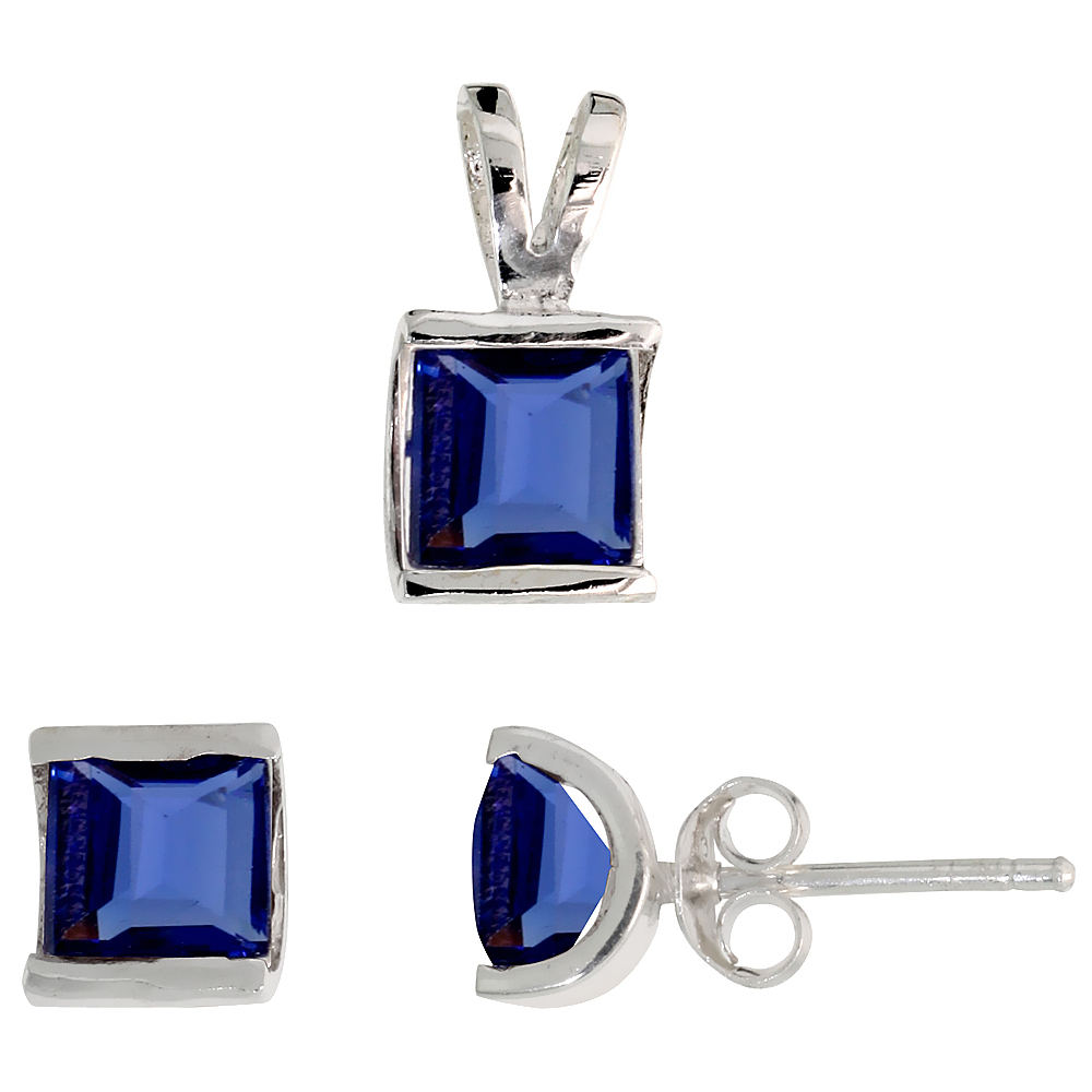 STERLING SILVER PRINCESS CUT BLUE SAPPHIRE CZ SQUARE STUD EARRINGS AND PENDANT SET FOR WOMEN CHANNEL SET FOR WOMEN