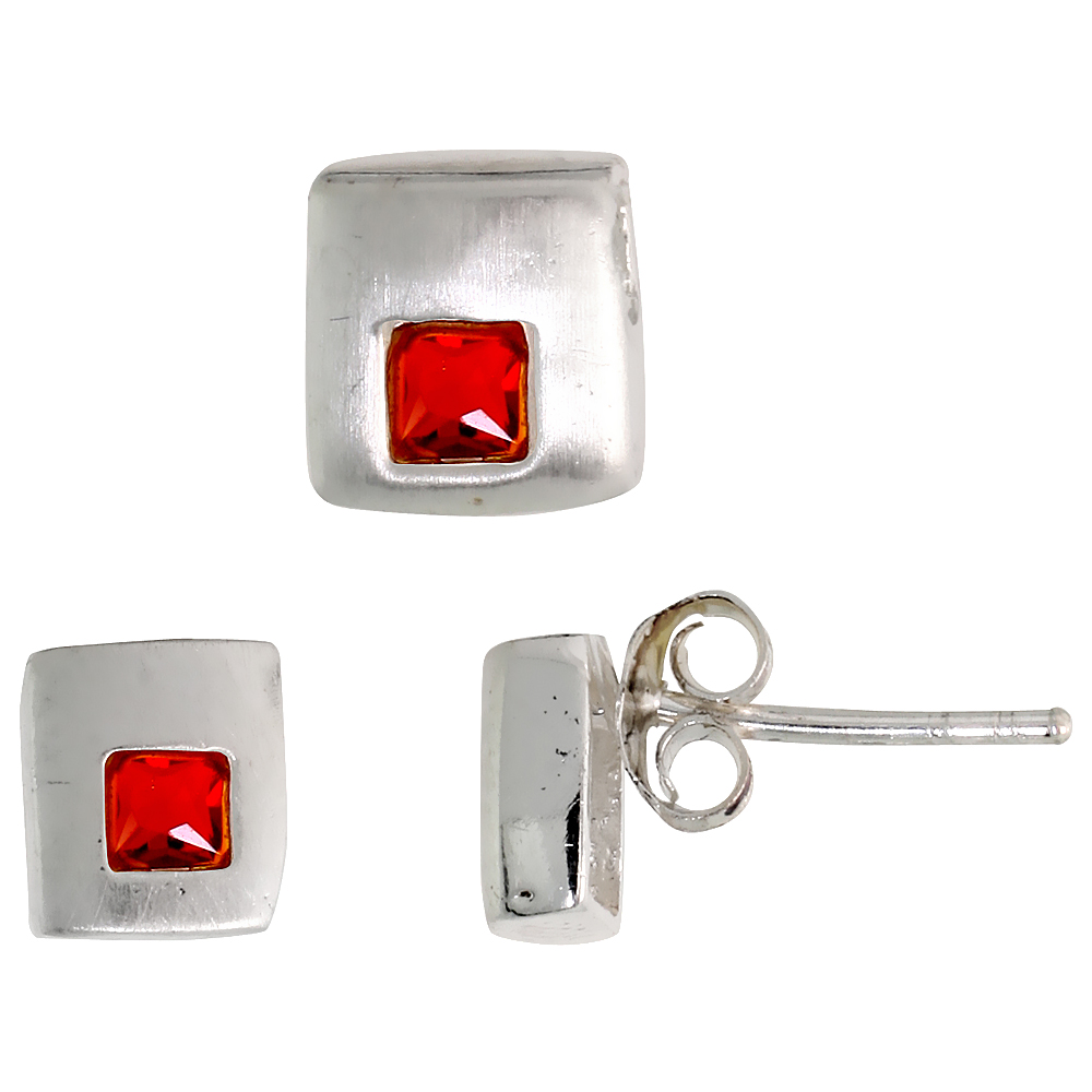 STERLING SILVER PRINCESS CUT RUBY RED CZ SQUARE STUD EARRINGS & PENDANT SET FOR WOMEN BRUSHED FINISH
