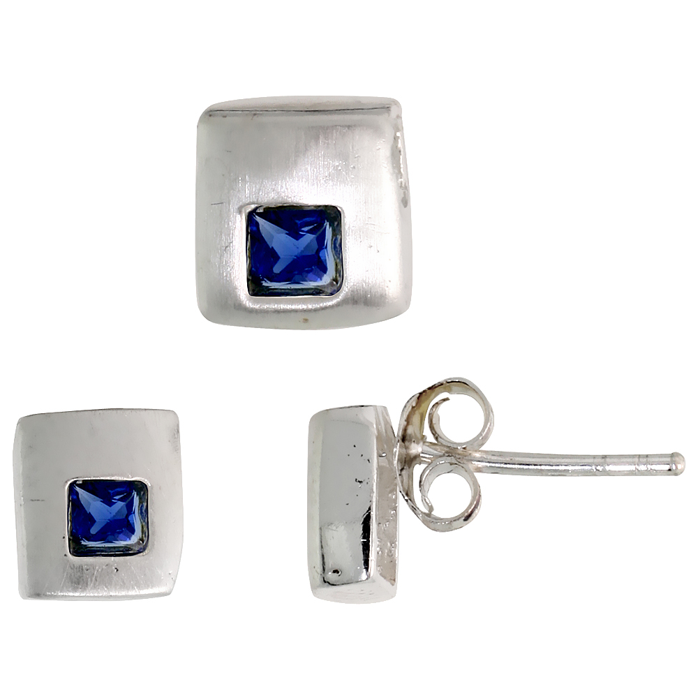 STERLING SILVER PRINCESS CUT BLUE SAPPHIRE CZ SQUARE STUD EARRINGS & PENDANT SET BRUSHED FINISH