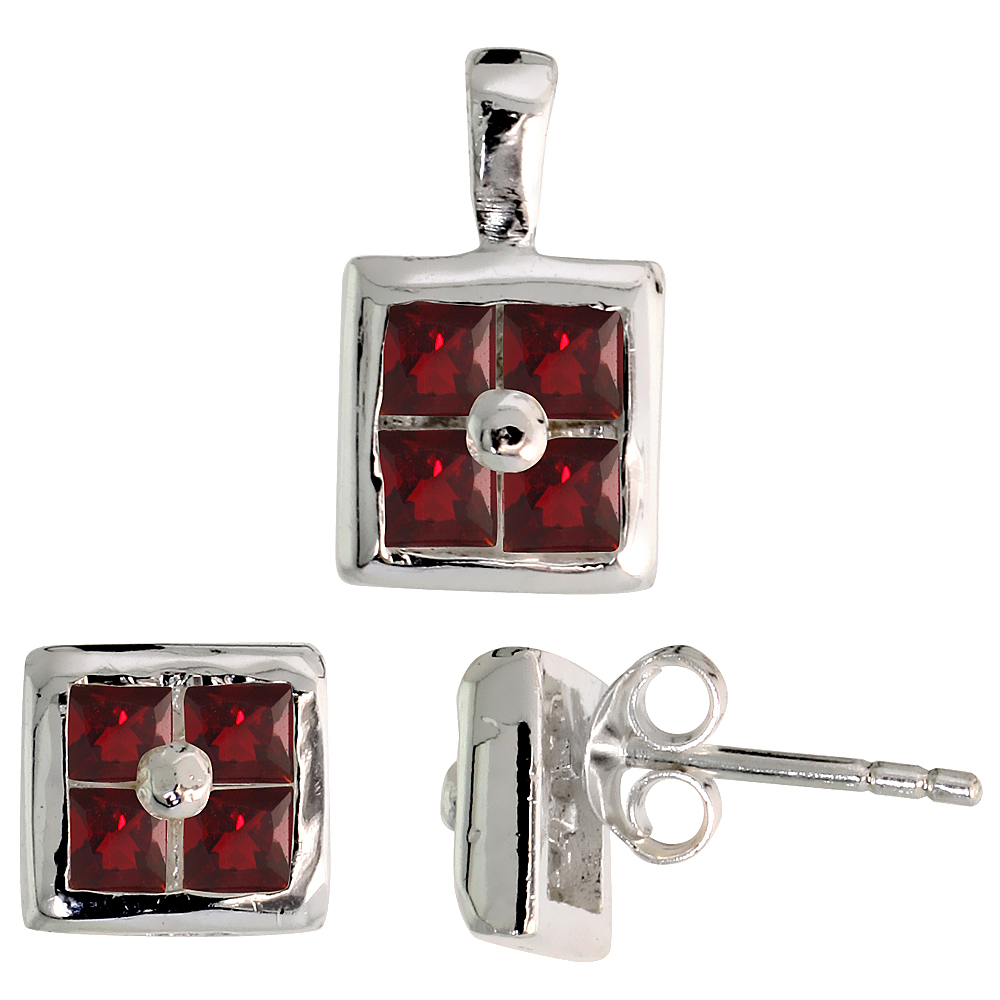 STERLING SILVER PRINCESS CUT GARNET RED CZ SQUARE STUD EARRINGS AND PENDANT SET FOR WOMEN INVISIBLE SET FOR WOMEN