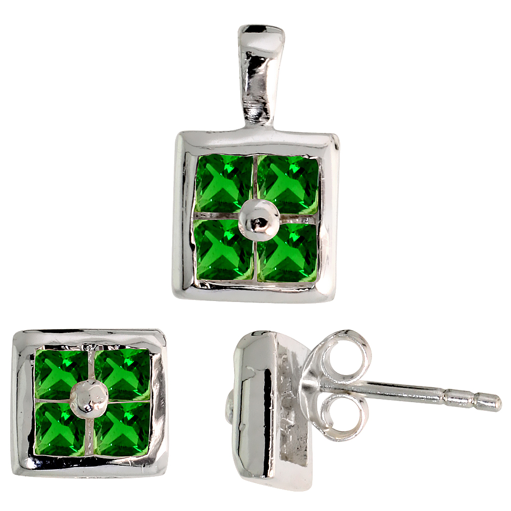STERLING SILVER PRINCESS CUT EMERALD GREEN CZ SQUARE STUD EARRINGS AND PENDANT SET INVISIBLE SET