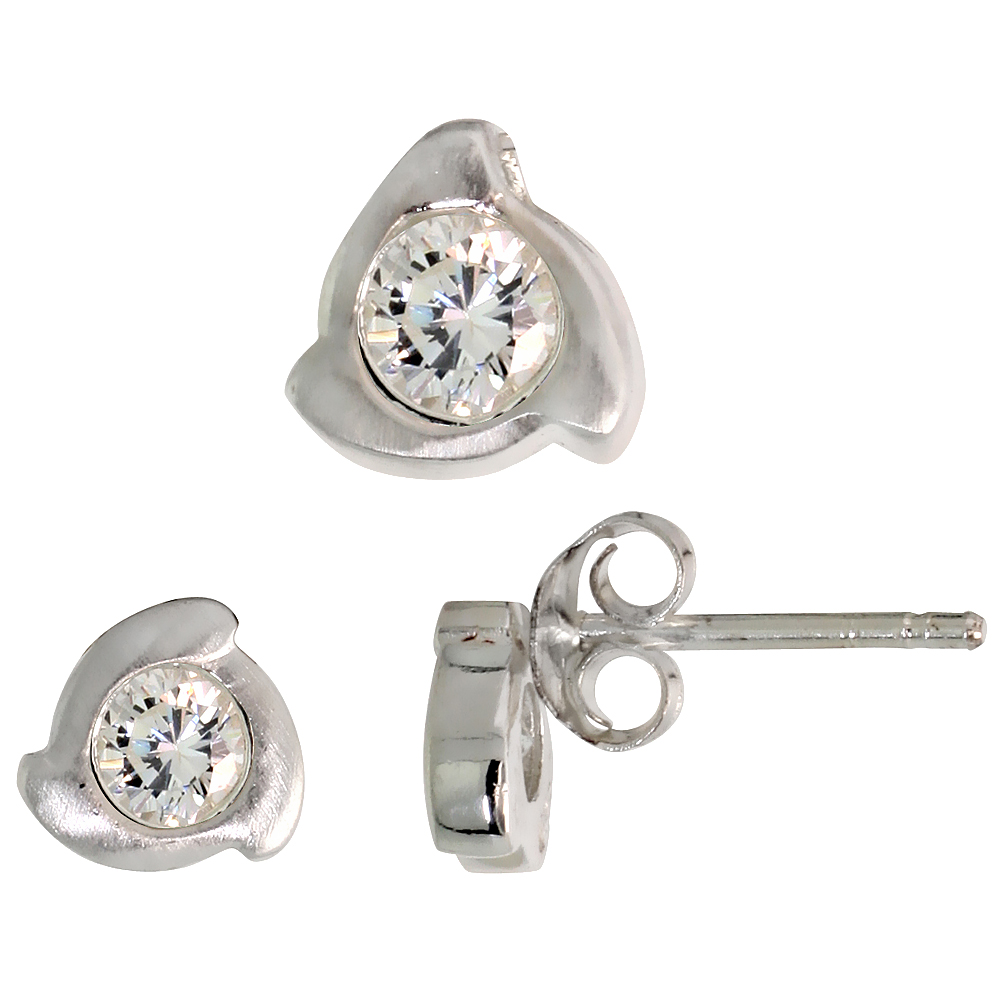 STERLING SILVER BRILLIANT CUT WHITE CZ SPINNING TREFOIL STUD EARRINGS & PENDANT SET FOR WOMEN BRUSHED FINISH