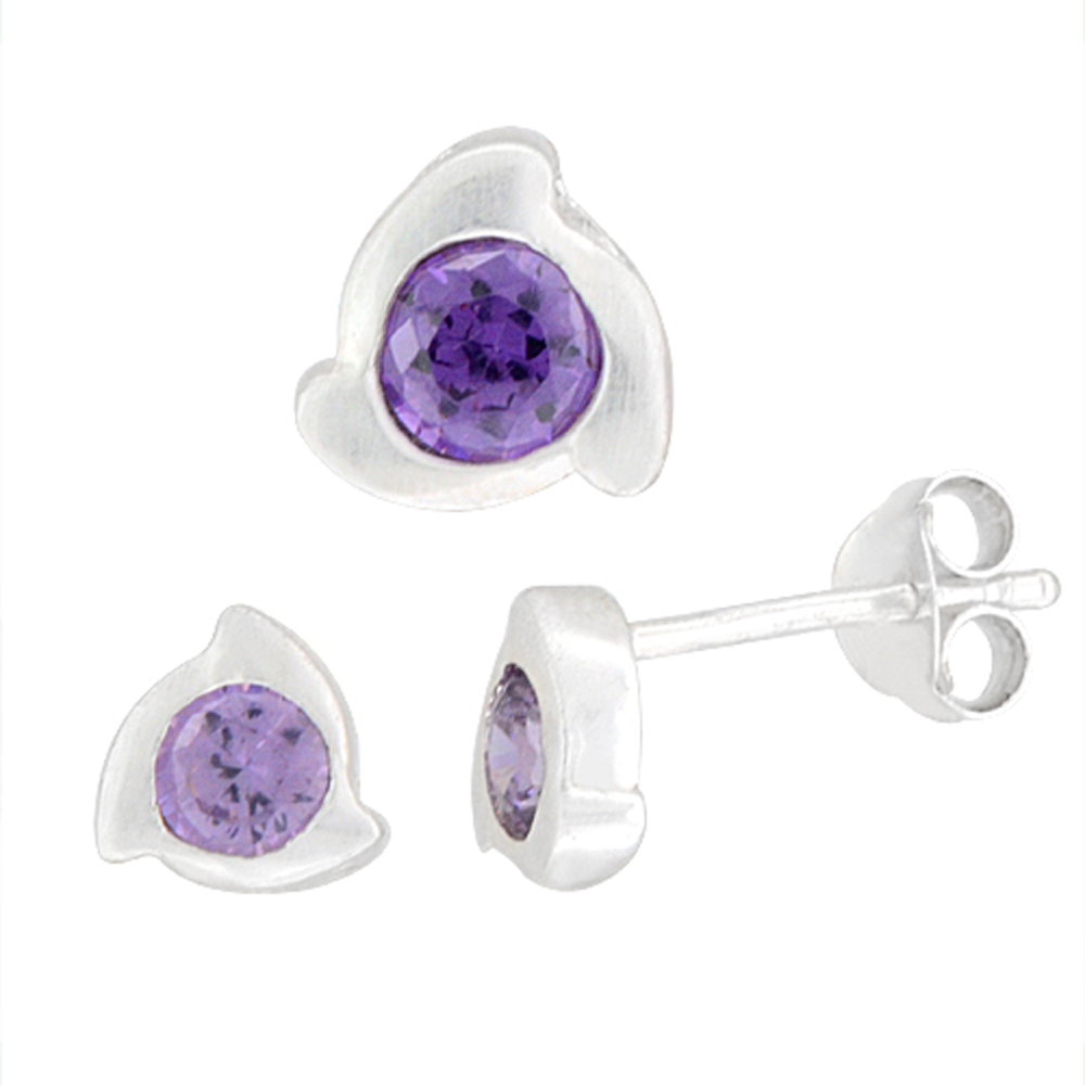 STERLING SILVER BRILLIANT CUT AMETHYST PURPLE CZ SPINNING TREFOIL STUD EARRINGS & PENDANT SET BRUSHED FINISH