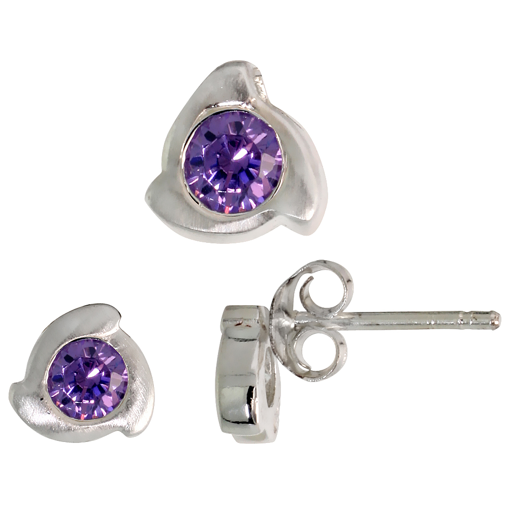 STERLING SILVER BRILLIANT CUT BLUE SAPPHIRE CZ SPINNING TREFOIL STUD EARRINGS & PENDANT SET BRUSHED FINISH