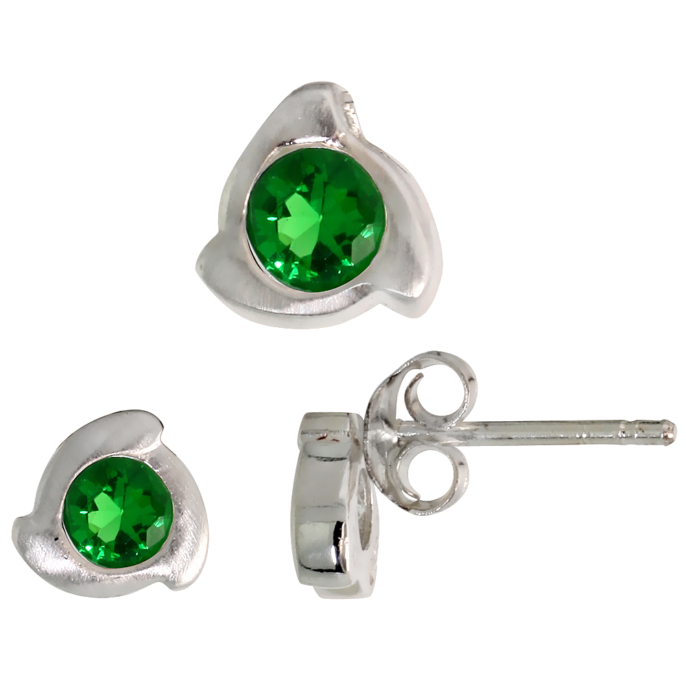 STERLING SILVER BRILLIANT CUT EMERALD GREEN CZ SPINNING TREFOIL STUD EARRINGS & PENDANT SET BRUSHED FINISH