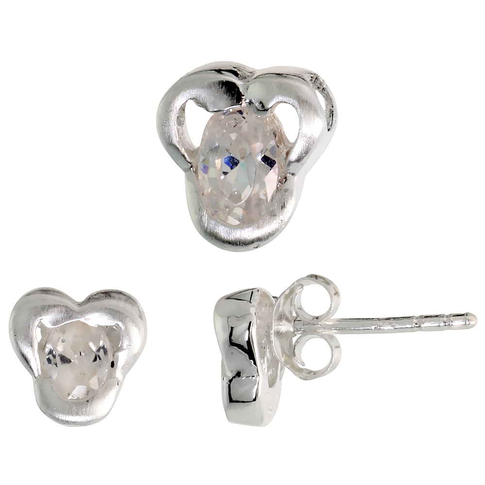 STERLING SILVER OVAL CUT WHITE CZ TREFOIL STUD EARRINGS & PENDANT SET FOR WOMEN BRUSHED FINISH