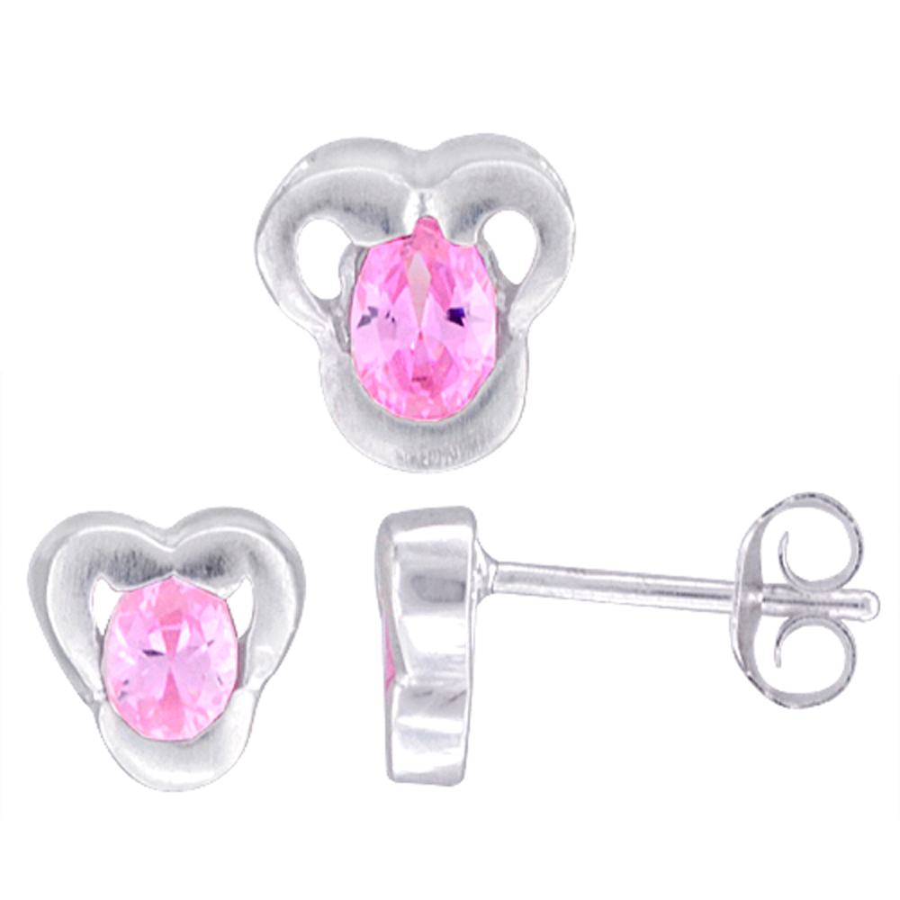 STERLING SILVER OVAL CUT PINK CZ TREFOIL STUD EARRINGS & PENDANT SET FOR WOMEN BRUSHED FINISH