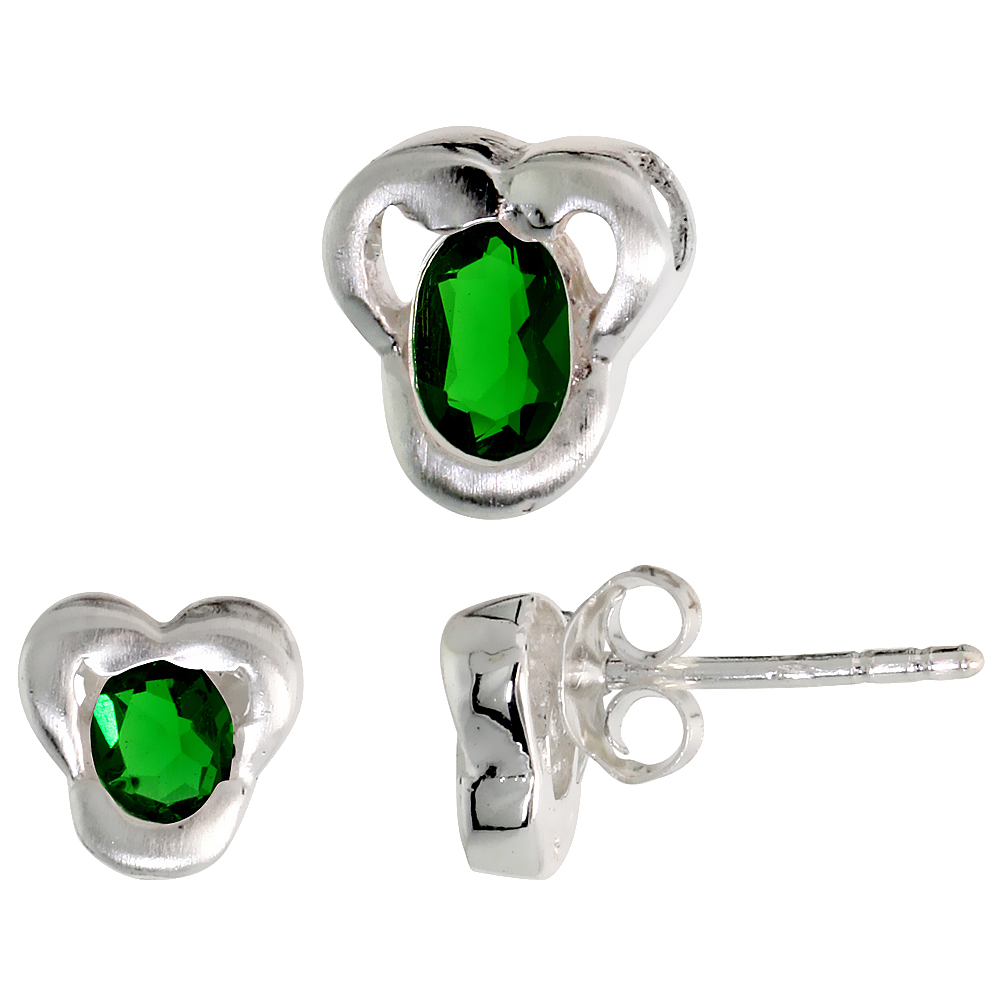 STERLING SILVER OVAL CUT EMERALD GREEN CZ TREFOIL STUD EARRINGS & PENDANT SET FOR WOMEN BRUSHED FINISH