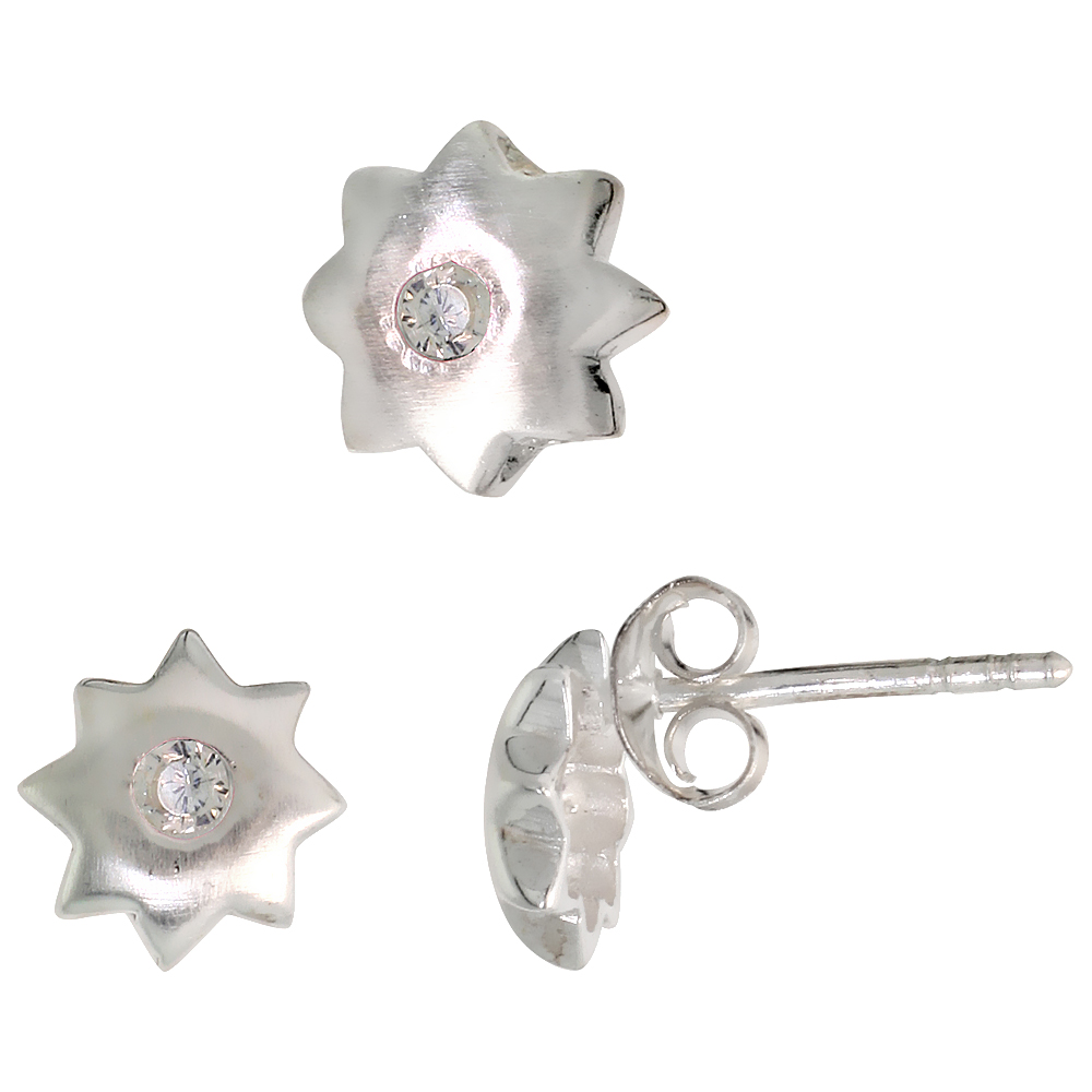 STERLING SILVER BRILLIANT CUT WHITE CZ 8 POINT STAR STUD EARRINGS & PENDANT SET FOR WOMEN BRUSHED FINISH