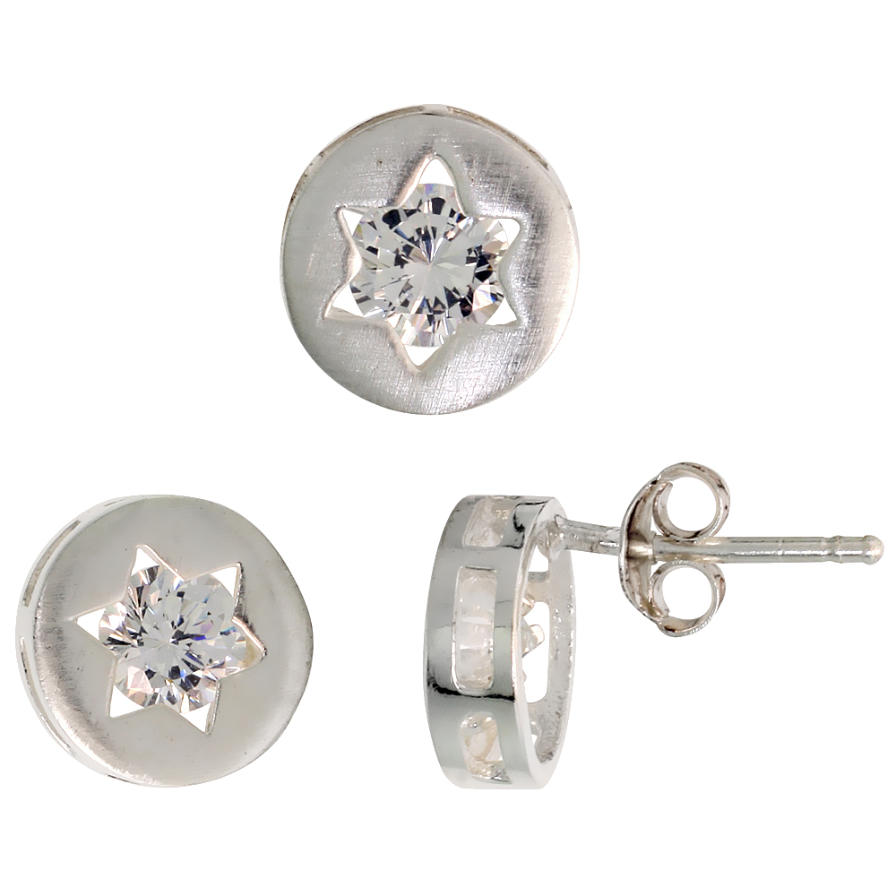 STERLING SILVER BRILLIANT CUT WHITE CZ JEWISH STAR OF DAVID STUD EARRINGS & PENDANT SET FOR WOMEN