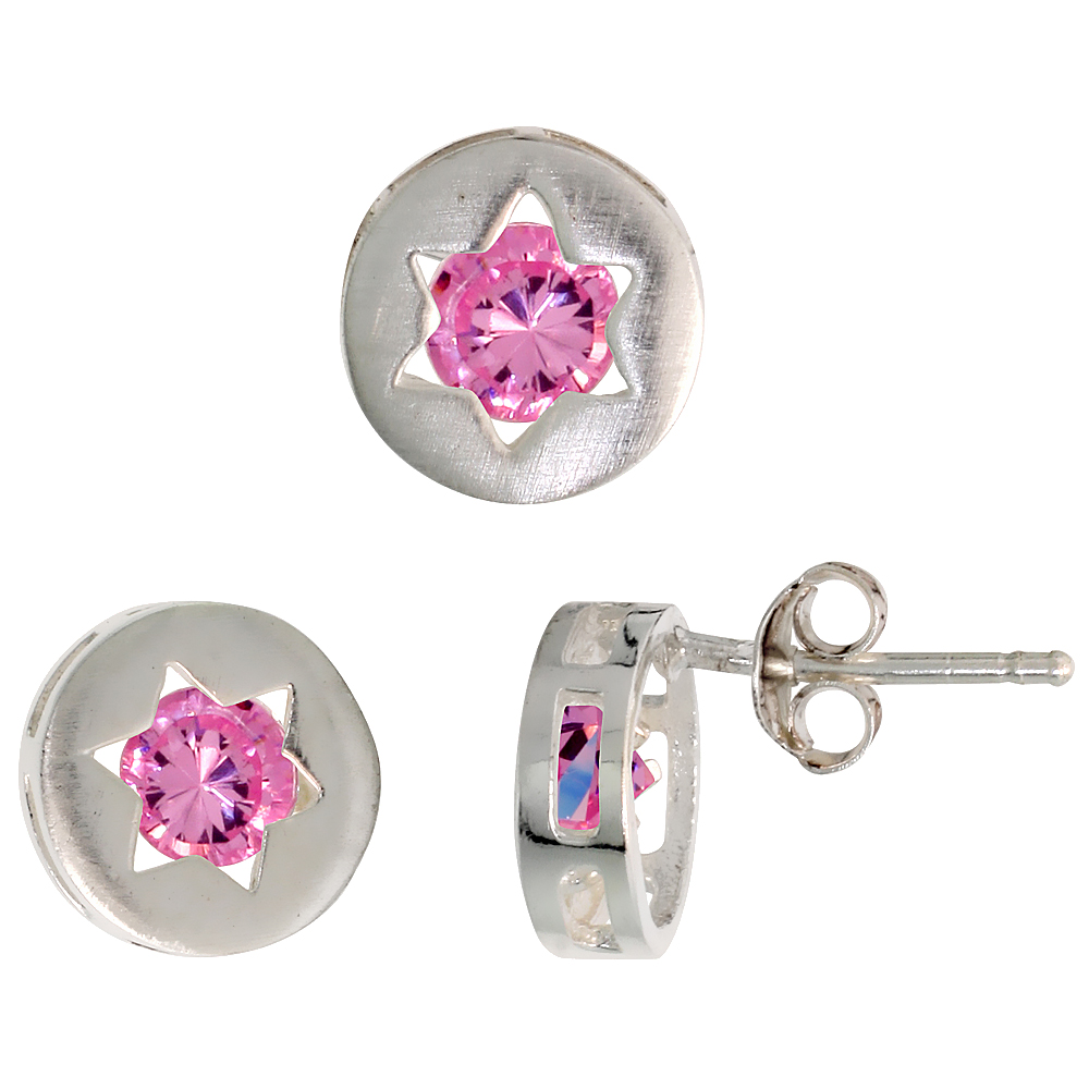 STERLING SILVER BRILLIANT CUT PINK CZ JEWISH STAR OF DAVID STUD EARRINGS & PENDANT SET FOR WOMEN