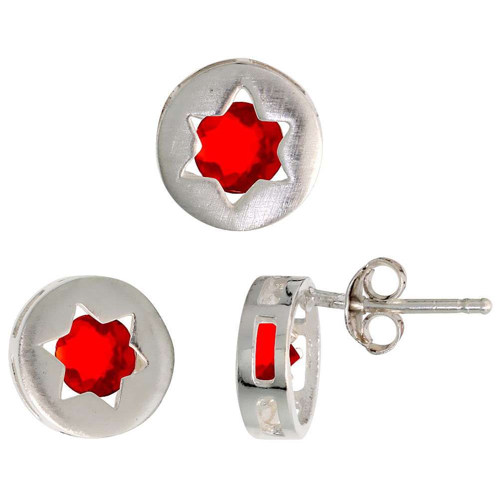 STERLING SILVER BRILLIANT CUT RUBY RED CZ JEWISH STAR OF DAVID STUD EARRINGS & PENDANT SET