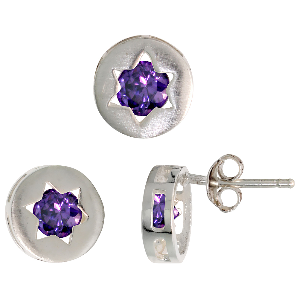 STERLING SILVER BRILLIANT CUT AMETHYST PURPLE CZ JEWISH STAR OF DAVID STUD EARRINGS & PENDANT SET