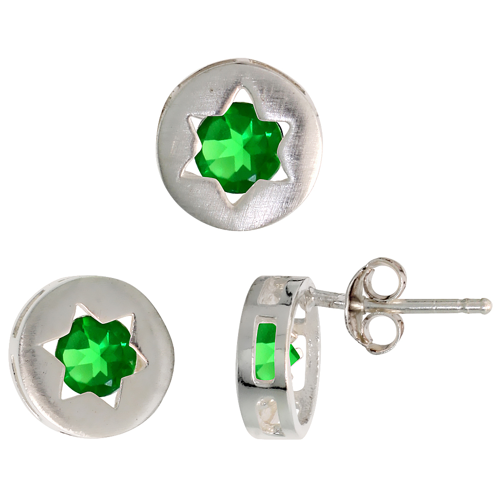 STERLING SILVER BRILLIANT CUT EMERALD GREEN CZ JEWISH STAR OF DAVID STUD EARRINGS & PENDANT SET
