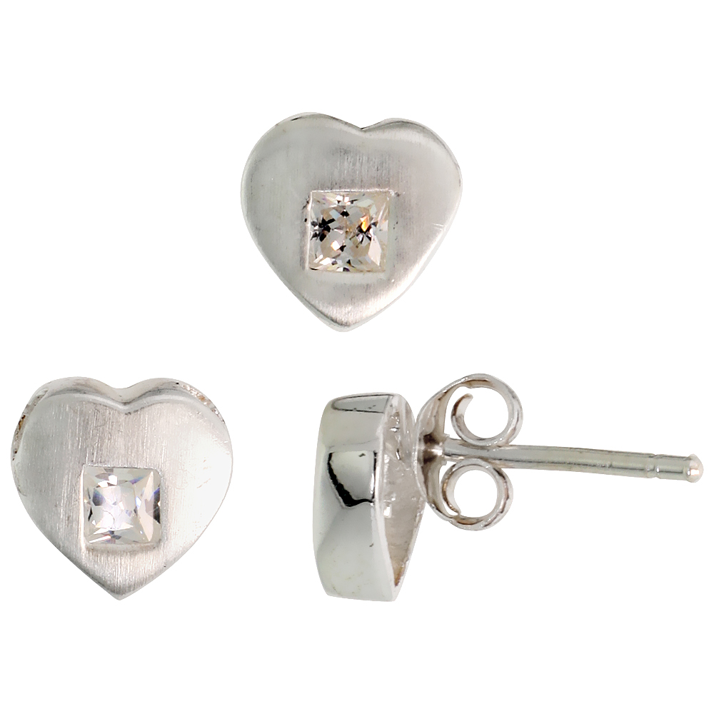 STERLING SILVER PRINCESS CUT WHITE CZ HEART STUD EARRINGS & PENDANT SET FOR WOMEN BRUSHED FINISH