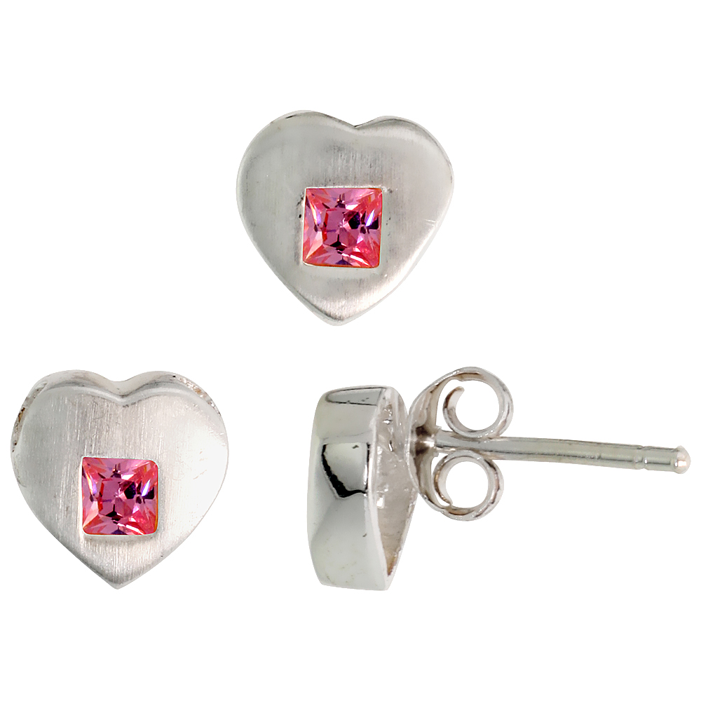 STERLING SILVER PRINCESS CUT PINK CZ HEART STUD EARRINGS & PENDANT SET FOR WOMEN BRUSHED FINISH