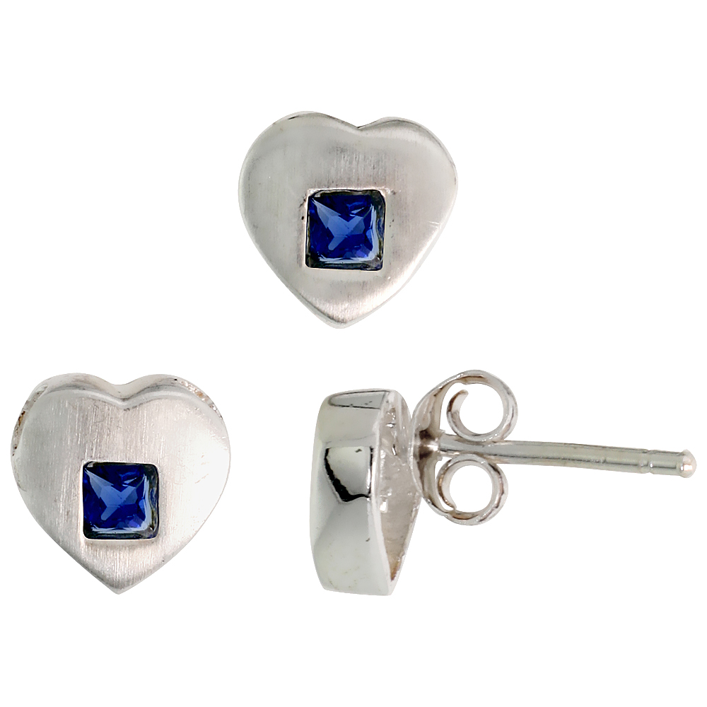 STERLING SILVER PRINCESS CUT BLUE SAPPHIRE CZ HEART STUD EARRINGS & PENDANT SET FOR WOMEN BRUSHED FINISH