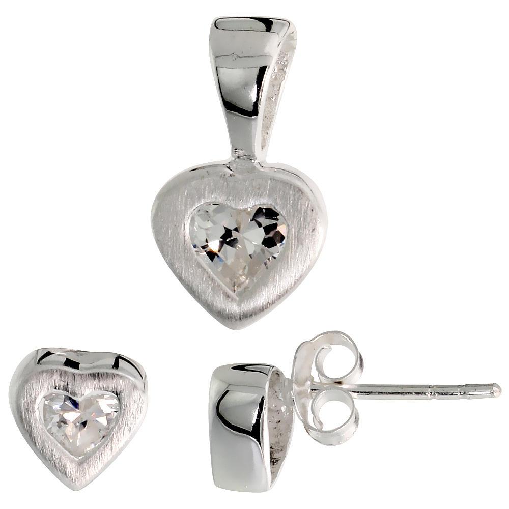 STERLING SILVER HEART CUT WHITE CZ HEART STUD EARRINGS AND PENDANT SET FOR WOMEN BRUSHED FINISH