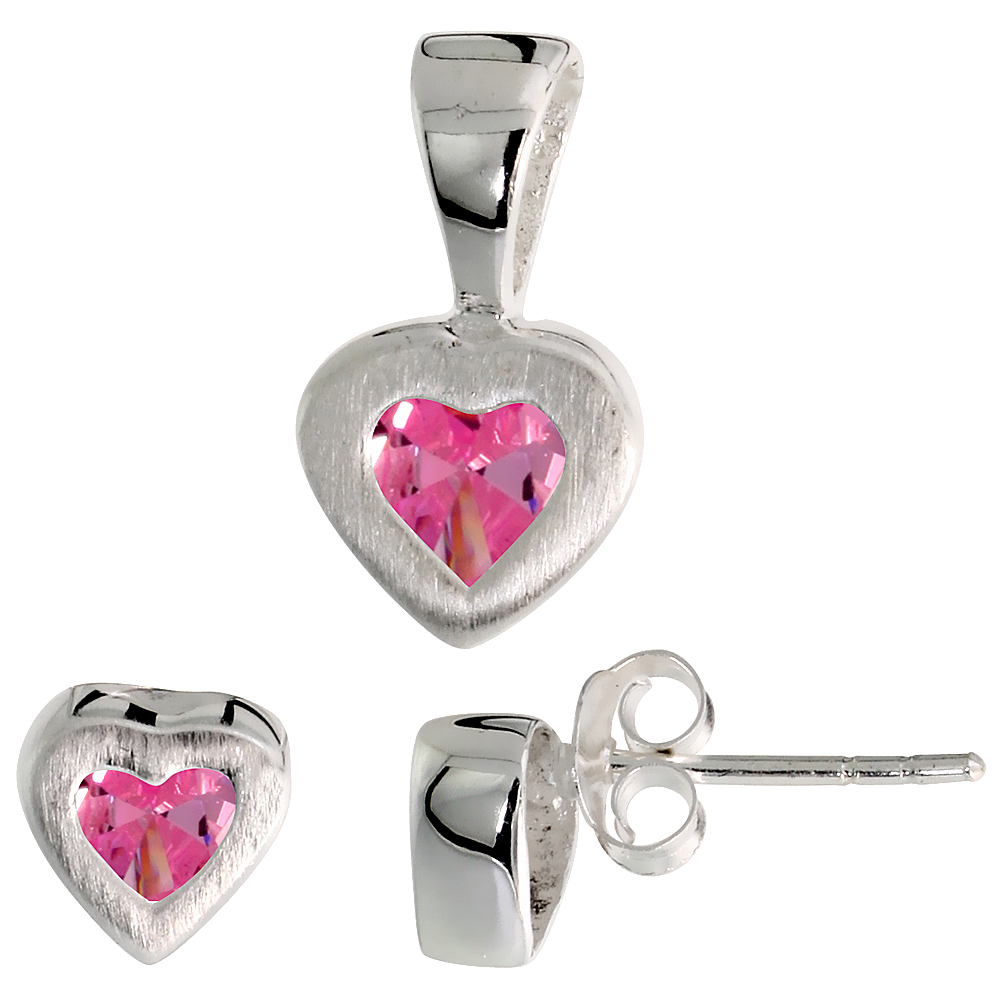 STERLING SILVER HEART CUT PINK CZ HEART STUD EARRINGS AND PENDANT SET FOR WOMEN BRUSHED FINISH