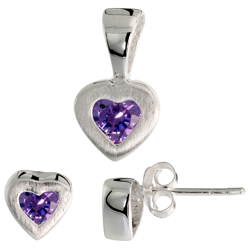 STERLING SILVER HEART CUT AMETHYST PURPLE CZ HEART STUD EARRINGS AND PENDANT SET BRUSHED FINISH