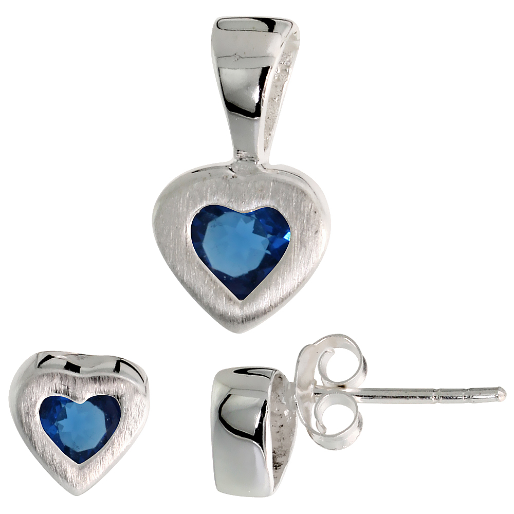 STERLING SILVER HEART CUT BLUE SAPPHIRE CZ HEART STUD EARRINGS AND PENDANT SET FOR WOMEN BRUSHED FINISH