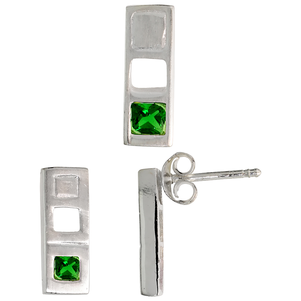 STERLING SILVER PRINCESS CUT EMERALD GREEN CZ BAR STUD EARRINGS & PENDANT SET FOR WOMEN BRUSHED FINISH