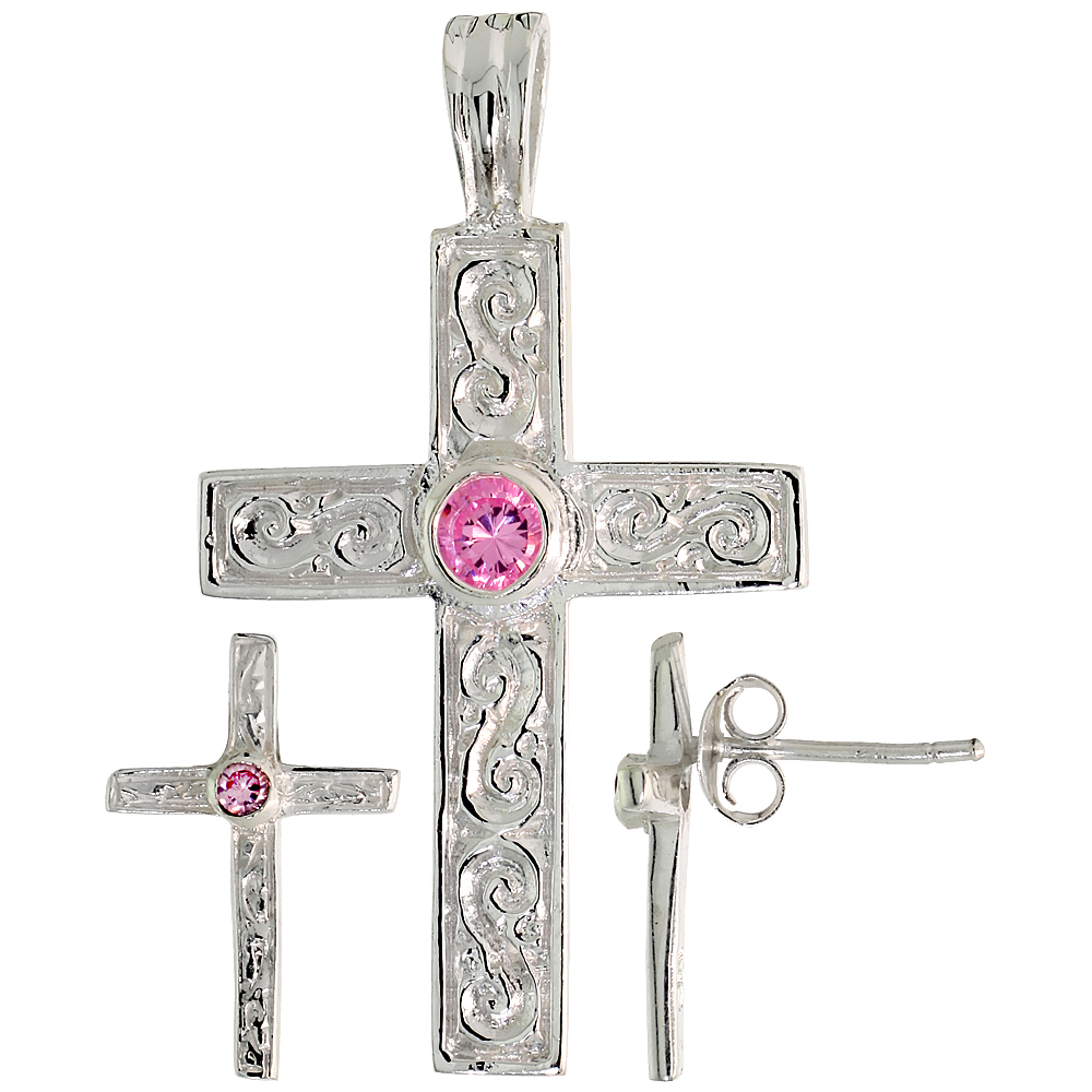 STERLING SILVER BRILLIANT CUT PINK CZ LATIN CROSS STUD EARRINGS AND PENDANT SET FOR WOMEN SWIRL-DESIGN