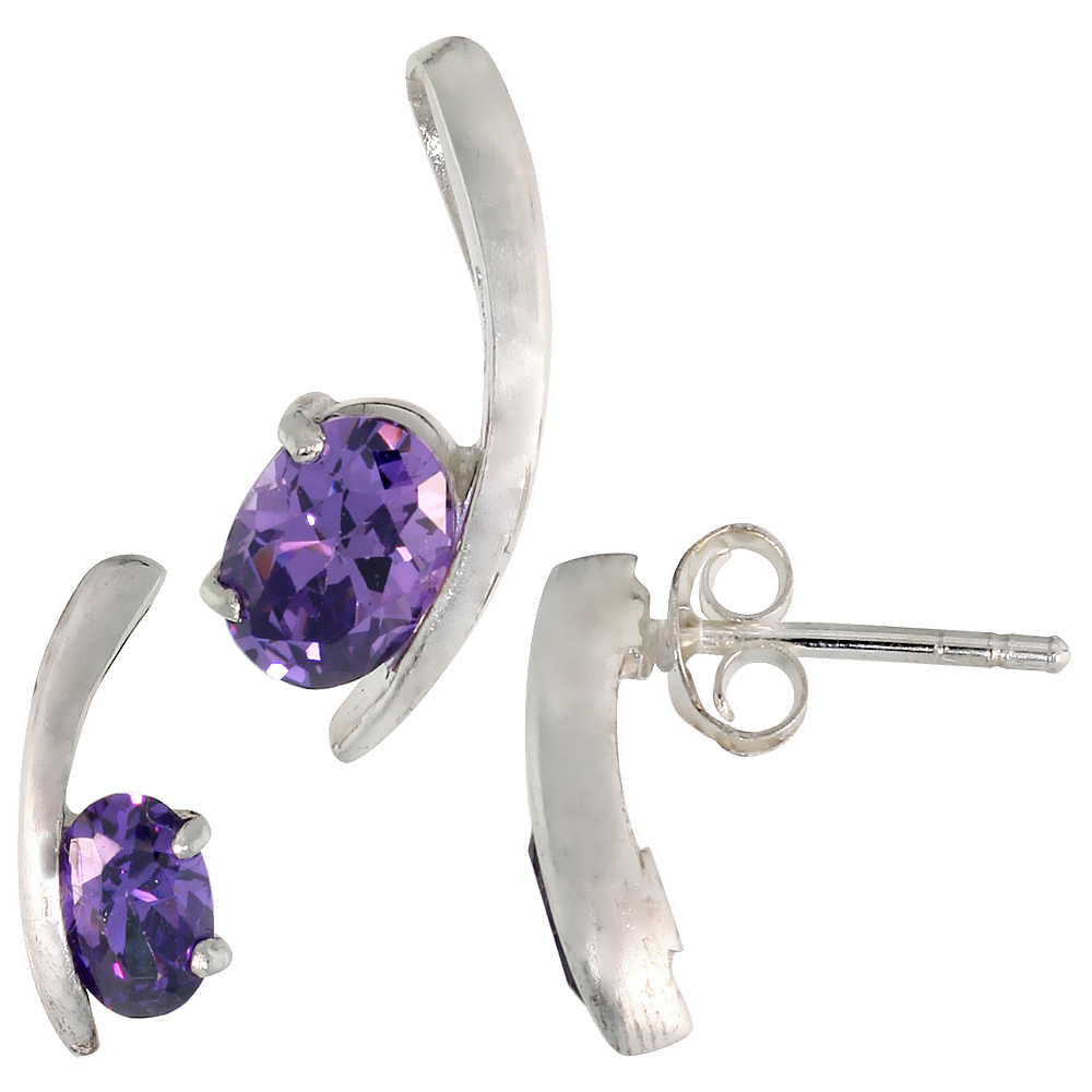 STERLING SILVER OVAL CUT AMETHYST PURPLE CZ SWOOSH STUD EARRINGS & PENDANT SET FOR WOMEN