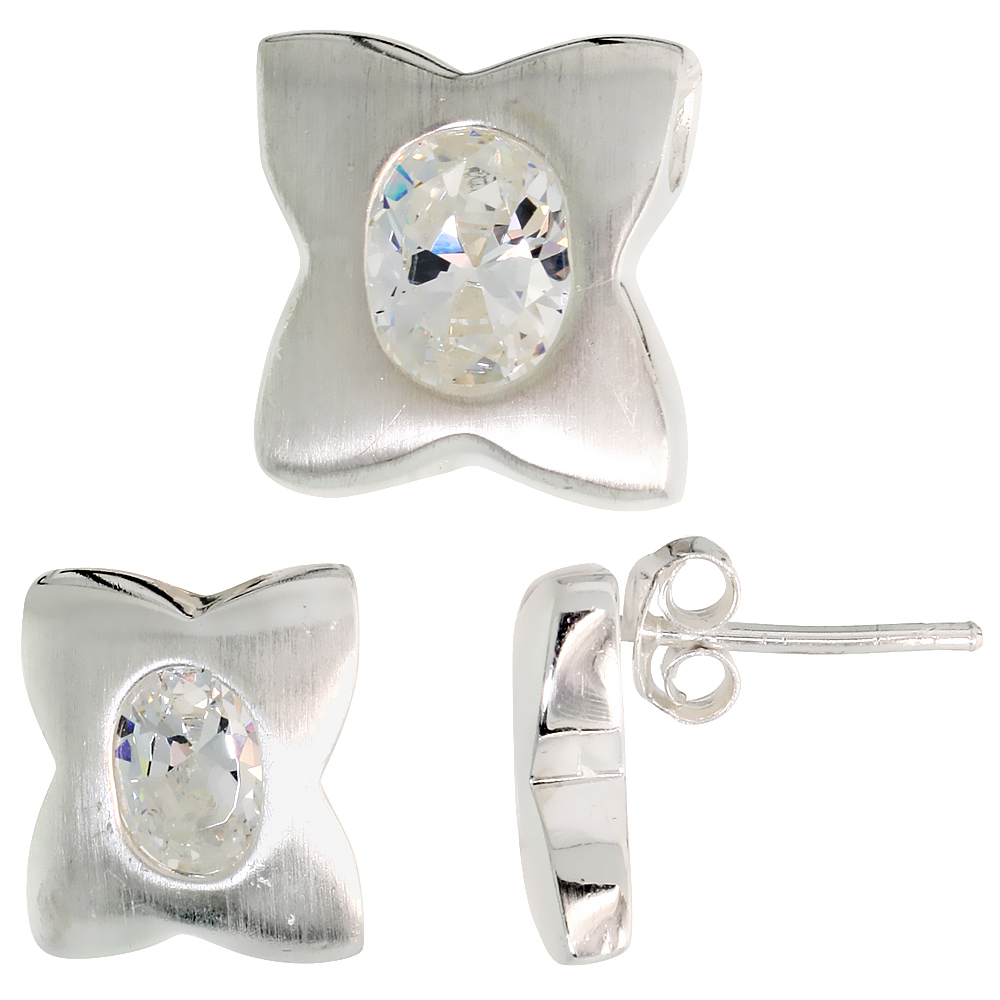 STERLING SILVER OVAL CUT WHITE CZ QUATREFOIL STUD EARRINGS & PENDANT SET FOR WOMEN BRUSHED FINISH