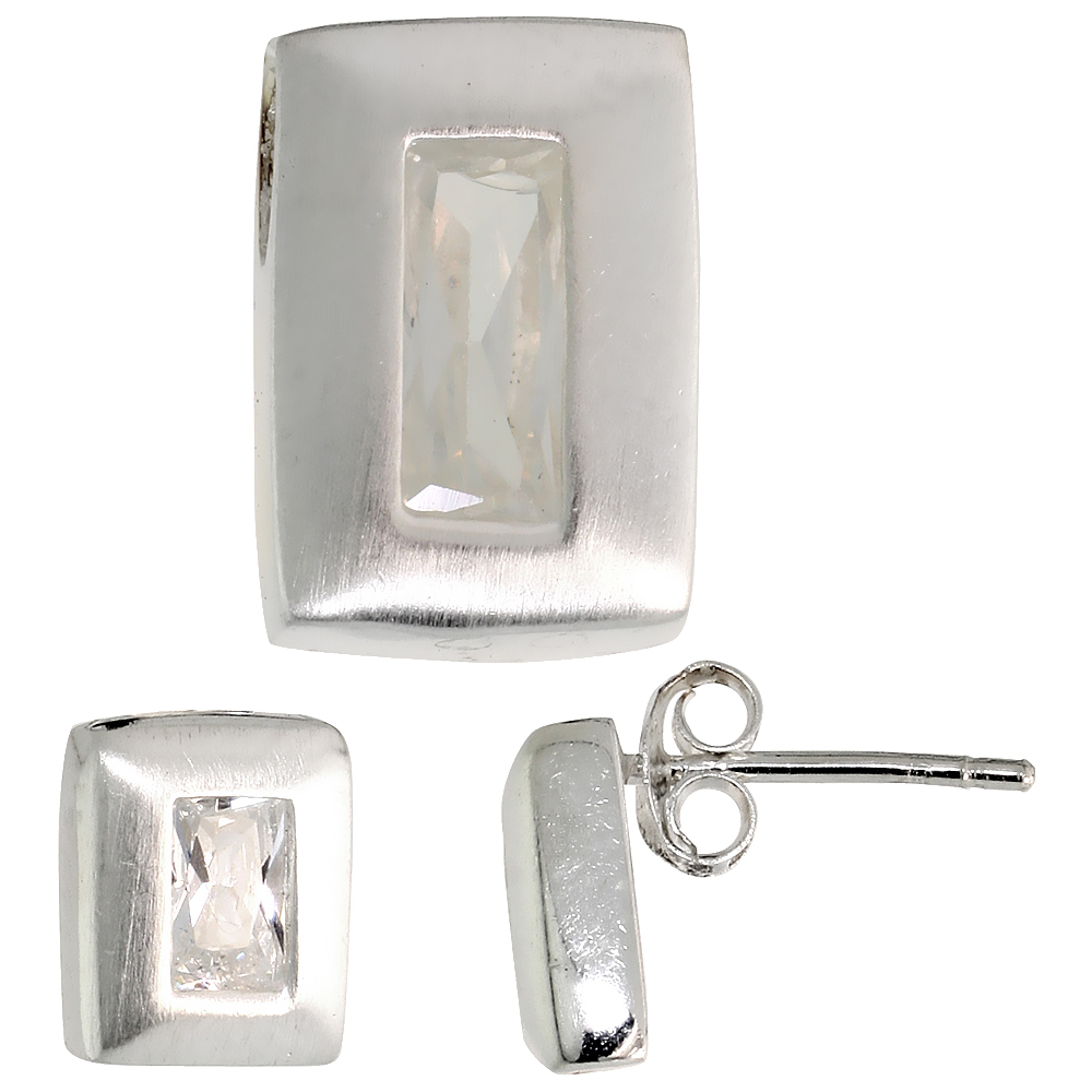 STERLING SILVER RADIANT CUT WHITE CZ RECTANGLE STUD EARRINGS & PENDANT SET FOR WOMEN BRUSHED FINISH