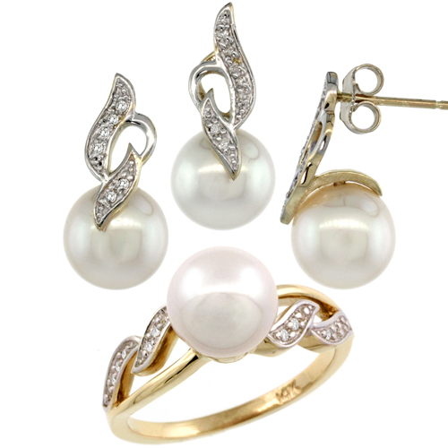 14k Gold Wavy Pearl Ring, Earrings &amp; Necklace Set w/ 0.125 Carat Brilliant Cut ( H-I Color; VS2-SI1 Clarity ) Diamonds &amp; 9mm Whi