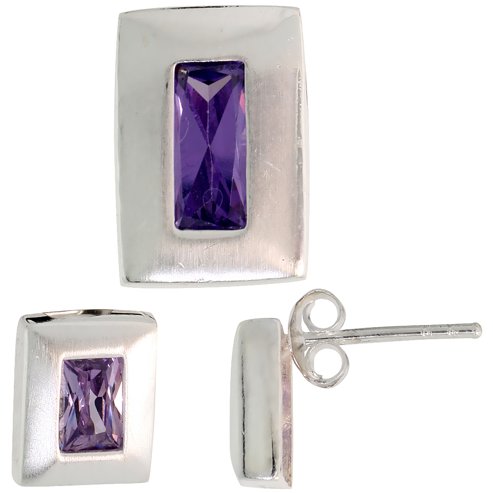 STERLING SILVER RADIANT CUT AMETHYST PURPLE CZ RECTANGLE STUD EARRINGS & PENDANT SET BRUSHED FINISH