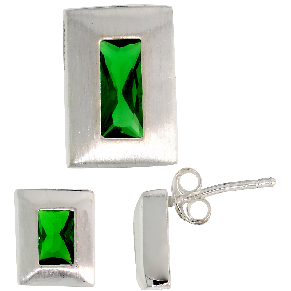 STERLING SILVER RADIANT CUT EMERALD GREEN CZ RECTANGLE STUD EARRINGS & PENDANT SET BRUSHED FINISH