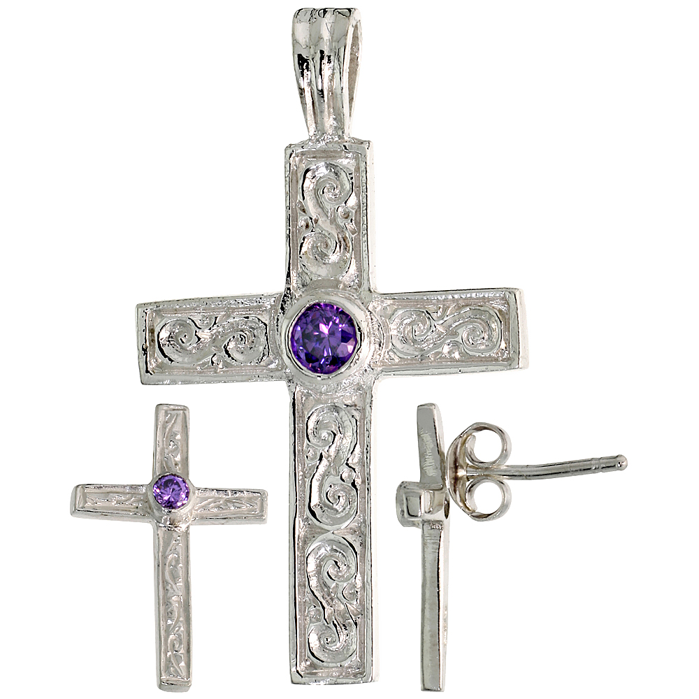 STERLING SILVER BRILLIANT CUT AMETHYST PURPLE CZ LATIN CROSS STUD EARRINGS AND PENDANT SET SWIRL-DESIGN