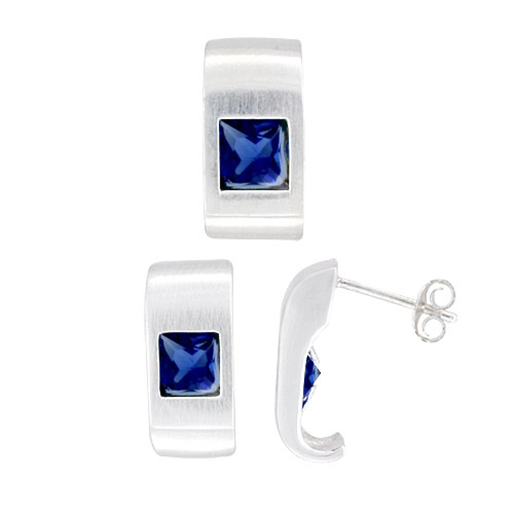 STERLING SILVER PRINCESS CUT BLUE SAPPHIRE CZ GEOMETRIC DESIGN RECTANGULAR STUD EARRINGS & PENDANT SET BRUSHED