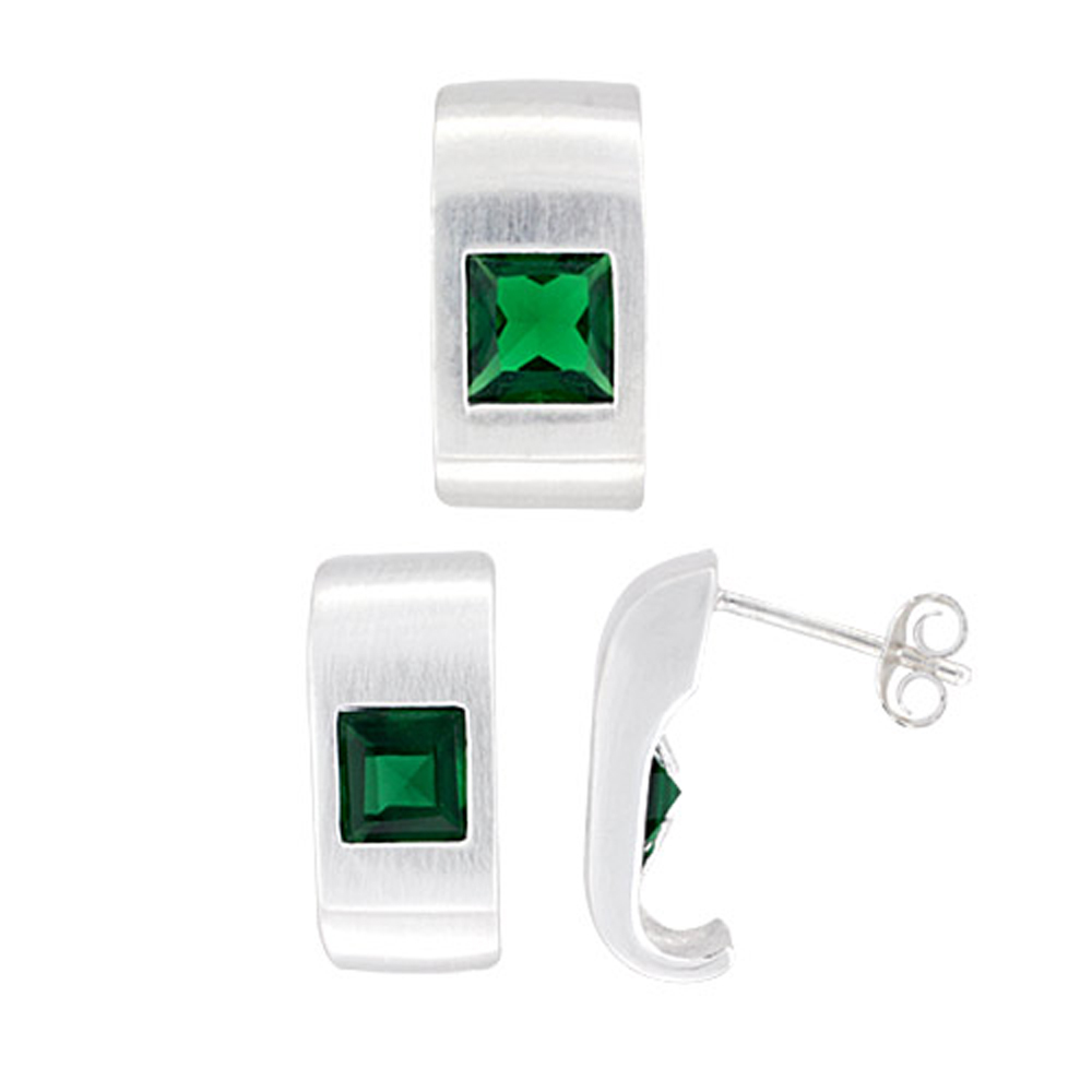 STERLING SILVER PRINCESS CUT EMERALD GREEN CZ GEOMETRIC DESIGN RECTANGULAR STUD EARRINGS & PENDANT SET BRUSHED