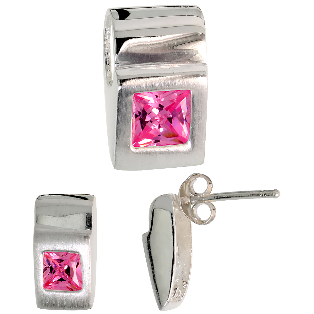 STERLING SILVER PRINCESS CUT PINK CZ GEOMETRIC DESIGN SQUARE STUD EARRINGS & PENDANT SET BRUSHED FINISH