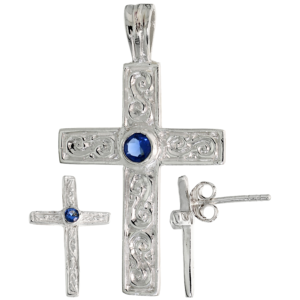 STERLING SILVER BRILLIANT CUT BLUE SAPPHIRE CZ LATIN CROSS STUD EARRINGS AND PENDANT SET SWIRL-DESIGN