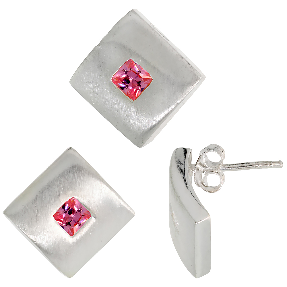 STERLING SILVER PRINCESS CUT PINK CZ GEOMETRIC DESIGN SQUARE STUD EARRINGS & PENDANT SET BRUSHED FINISH