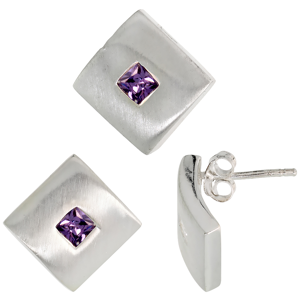 STERLING SILVER PRINCESS CUT AMETHYST PURPLE CZ GEOMETRIC DESIGN SQUARE STUD EARRINGS & PENDANT SET BRUSHED