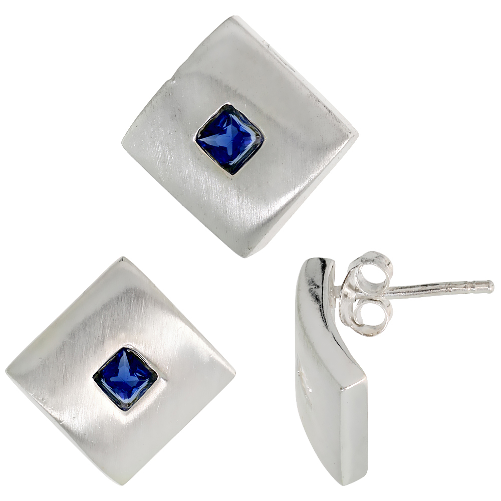 STERLING SILVER PRINCESS CUT BLUE SAPPHIRE CZ GEOMETRIC DESIGN SQUARE STUD EARRINGS & PENDANT SET BRUSHED