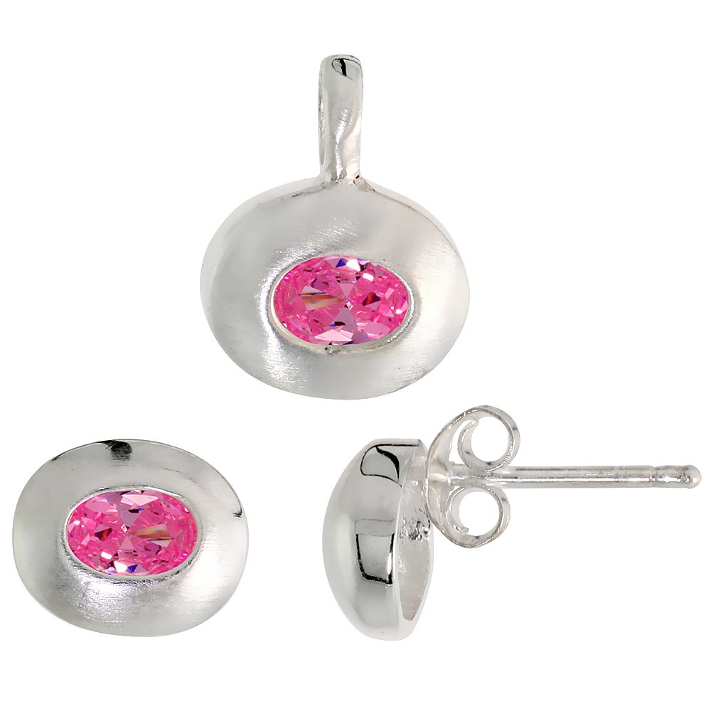 STERLING SILVER OVAL CUT PINK CZ GEOMETRIC DESIGN HORIZANTAL OVAL STUD EARRINGS AND PENDANT SET BRUSHED
