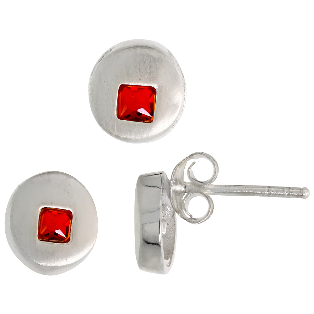 STERLING SILVER PRINCESS CUT RUBY RED CZ ROUND CIRCLE STUD EARRINGS & PENDANT SET BRUSHED FINISH