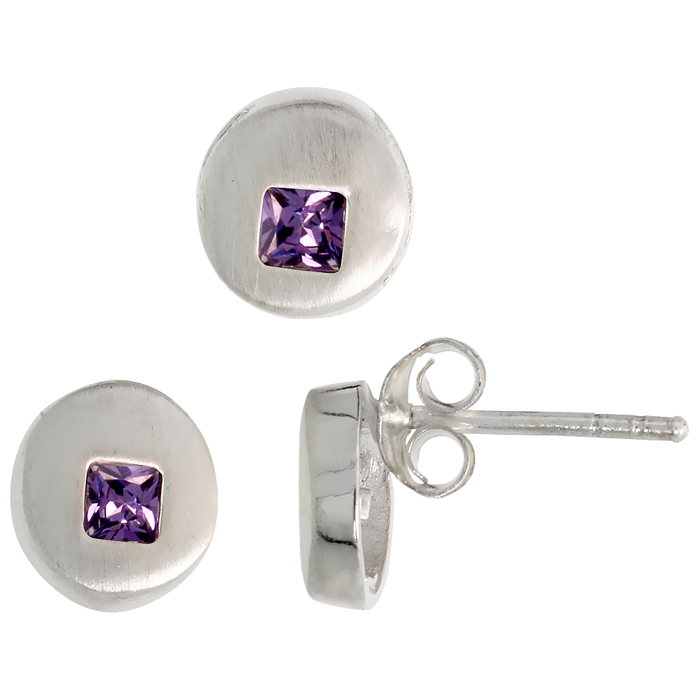 STERLING SILVER PRINCESS CUT AMETHYST PURPLE CZ ROUND CIRCLE STUD EARRINGS & PENDANT SET BRUSHED FINISH