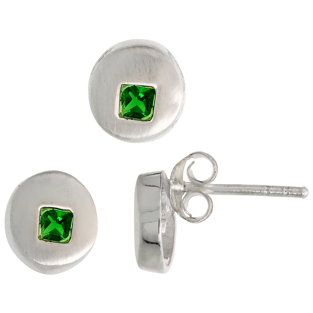 STERLING SILVER PRINCESS CUT EMERALD GREEN CZ ROUND CIRCLE STUD EARRINGS & PENDANT SET BRUSHED FINISH